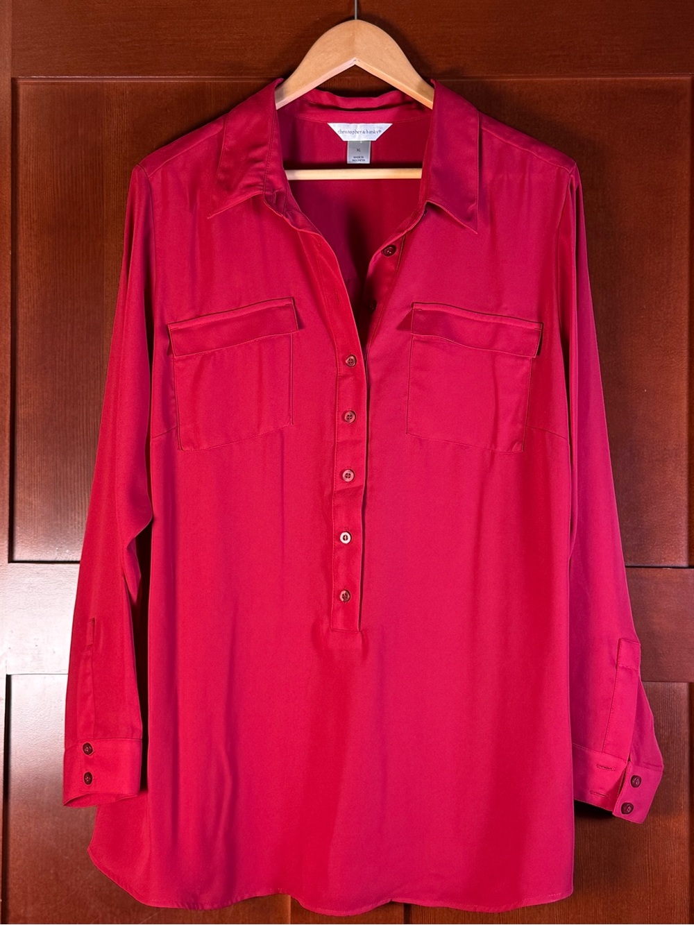 Christopher & Banks Vibrant Red Popover Blouse XL Button Front Long Sleeve
